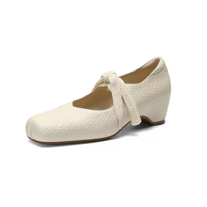 Cowhide Version with 5cm Hidden Height Increase, Korean-Style Lace-Up Square-Toe Mary Jane Shoes, Sweet French-Style Shallow Ballet Flats for Women