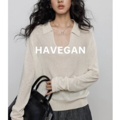 与间HAVEGAN/秋季天丝亚麻长袖防晒针织T恤女翻领老钱风休闲上衣