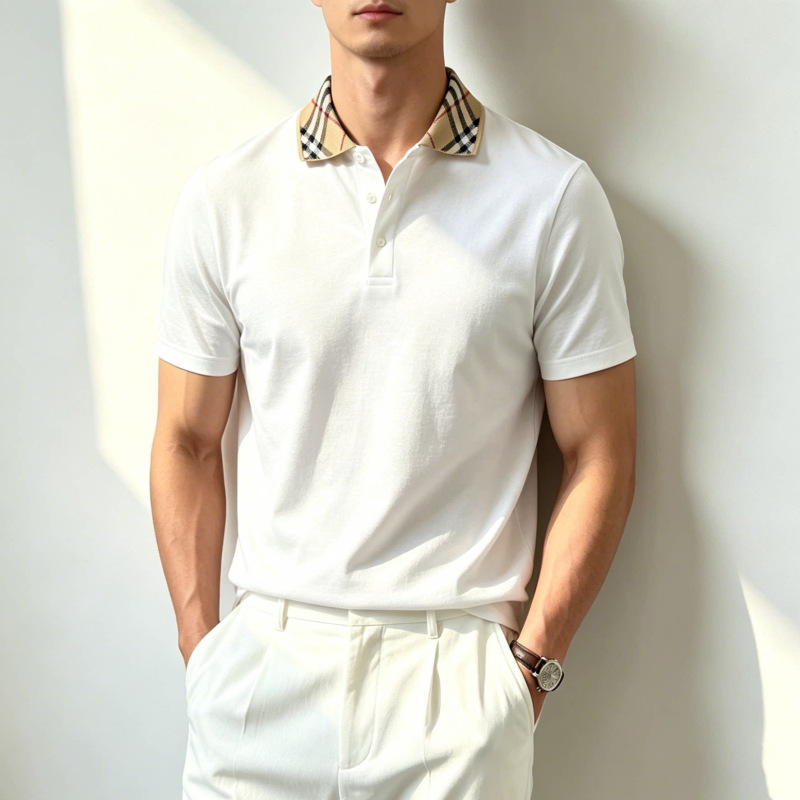 Summer New Solid Color Plaid Polo Shirt for Men, Fashionable Color-Blocked Lapel Top, Breathable Trendy Short-Sleeved Men's Shirt