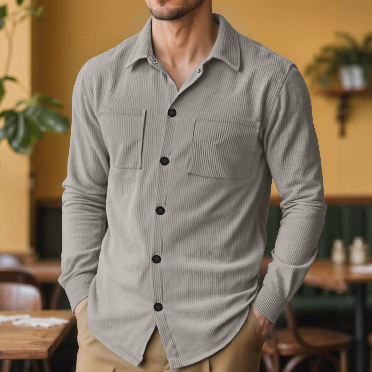 Nuevo otoño transfronterizo nuevo tamaño grande de camisa de botón de terciopelo TEMU casual suelto hombre bolsa abierta