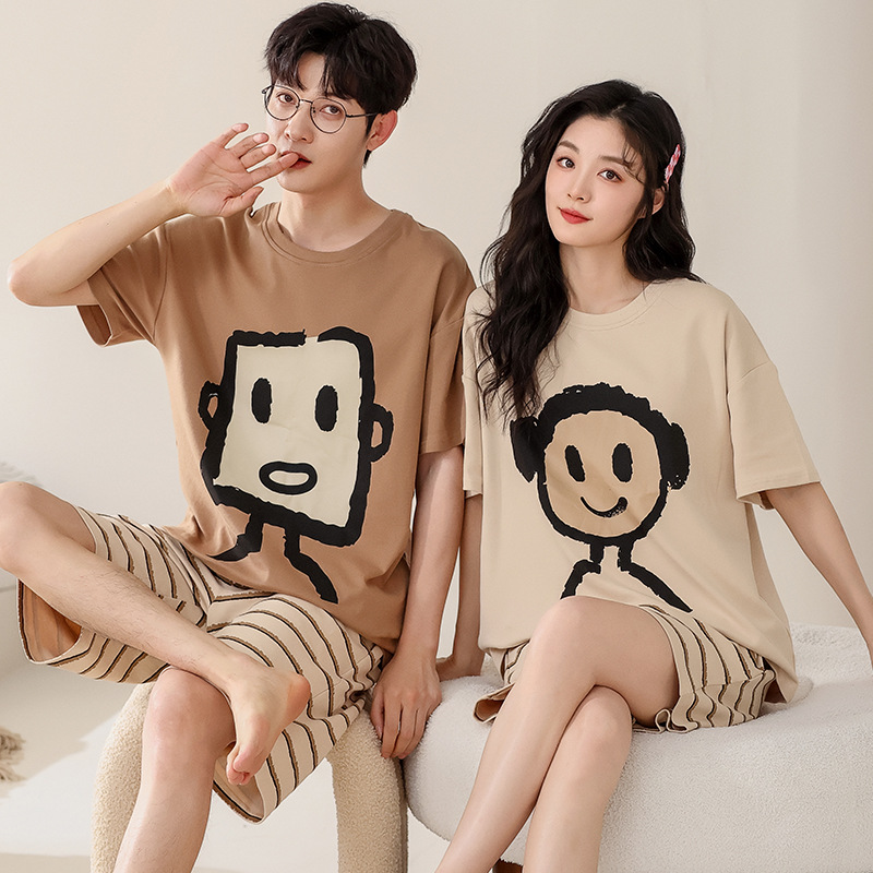 커플 잠옷 여성의 여름 순면 반팔 반바지 귀여운 만화 남성 풀오버 홈 옷 투피스 세트 얇은