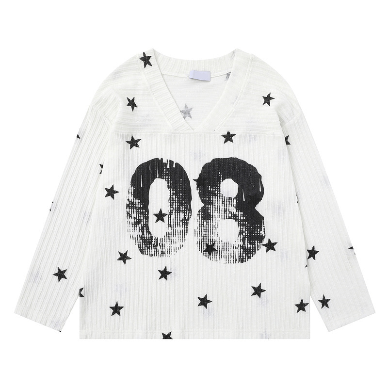 Men's Clothing American Retro Style Distressed Star V-Neck Long-Sleeve Women's 2026 Loose Bf Lazy Style Slightly Sheer Cover-Up Sweater