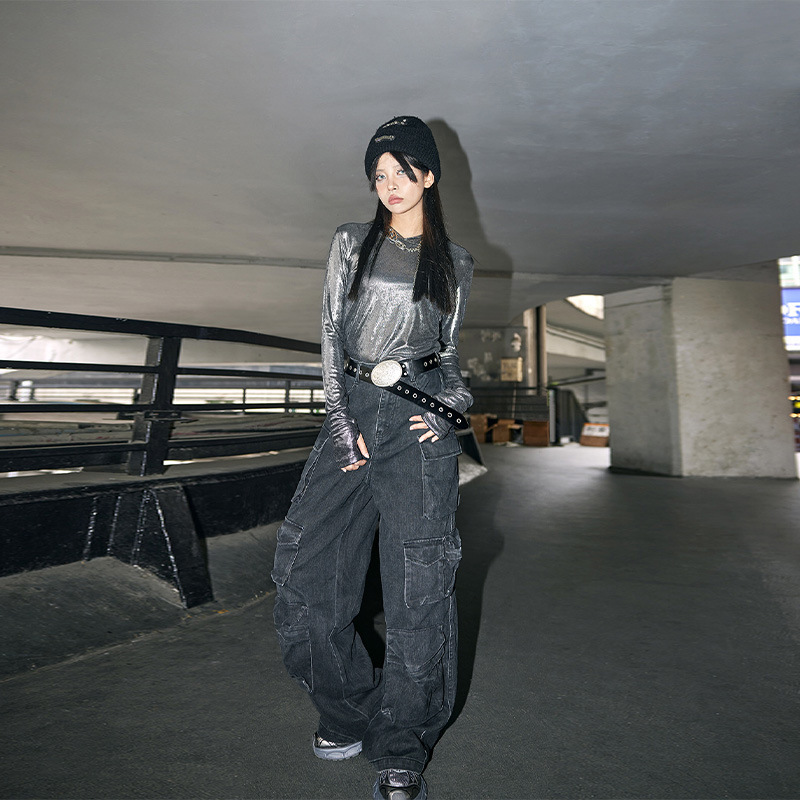 Special Offer: 118 Yuan, No Returns or Exchanges. Tuo Gu Distressed Multi-Pocket Cargo Pants, Casual Pants for Women, Trendy Brand, Straight-Leg, High-Waisted Long Pants