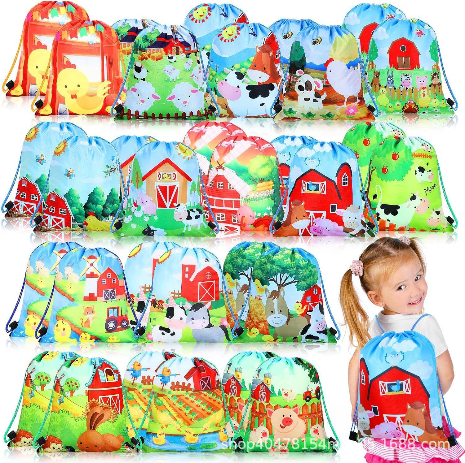 农场二双肩抽绳背包袋子小狗派对便携收纳袋涤纶手提抽绳袋束口
