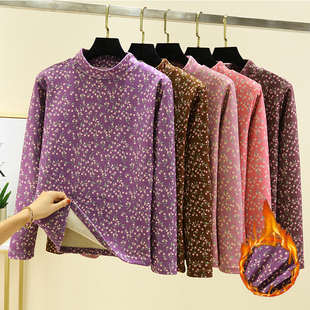 Thermal Half-High Collar Floral Top for Women, Winter Thickened Long-Sleeve Base Shirt, Plus-Size Fleece-Lined Thick Warm Autumn Top