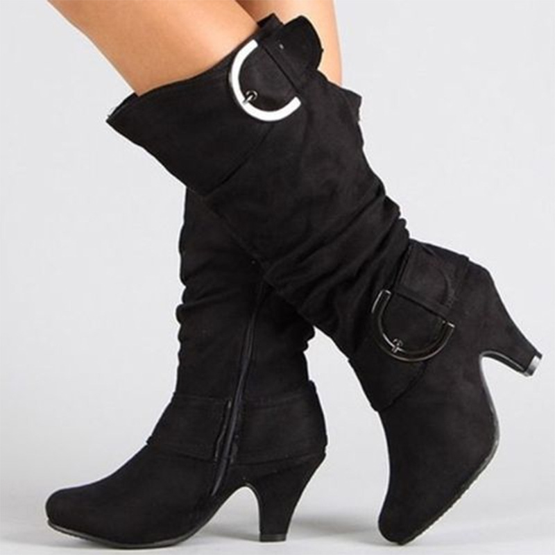 Foreign Trade Large Size Fashion Boots 2025 Autumn and Winter New European and American Style Suede Comfortable High-Heeled Boots with Buckle and Pleated High-Top Women's Boots