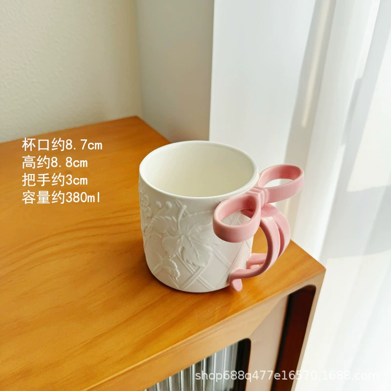 Matte Ceramic Tea Cup with Bow Handle, 380 ml, Microwave & Dishwasher Safe