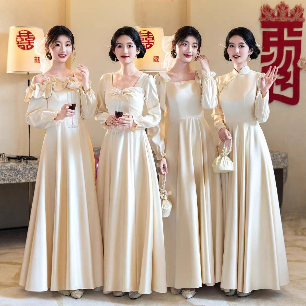 Bridesmaid Dress 2025 New Autumn and Winter Long-Sleeved Satin Sister Group Sister Group High-End Niche Dress Skirt Can Be Worn at Ordinary Times