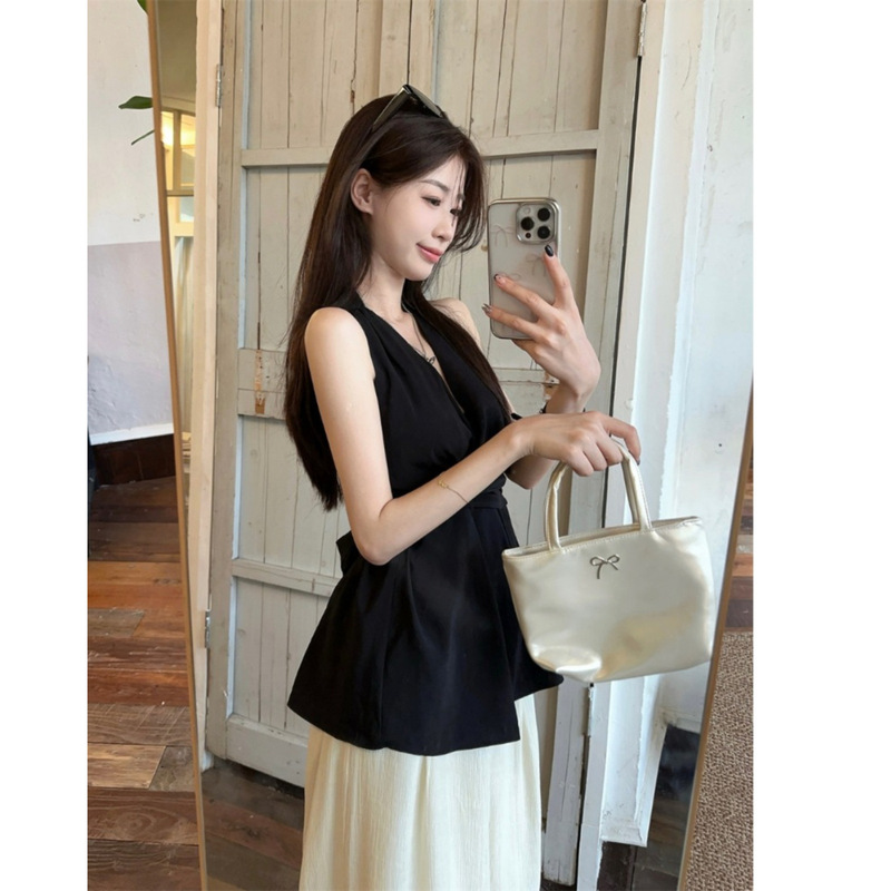 [Original Recipe] French Twist Halterneck Off-Shoulder Chiffon Shirt for Women Summer Waist Sleeveless Vest Top for Outer Wear