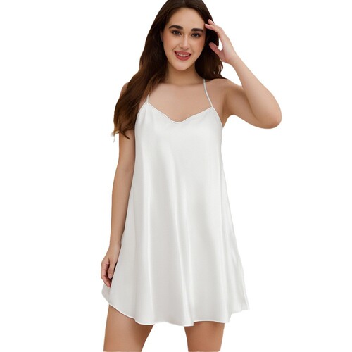 Women's European and American Plus Size Silk Pure Color Sleepwear with Straps Short Sleep Dress Home Wear SQ22148