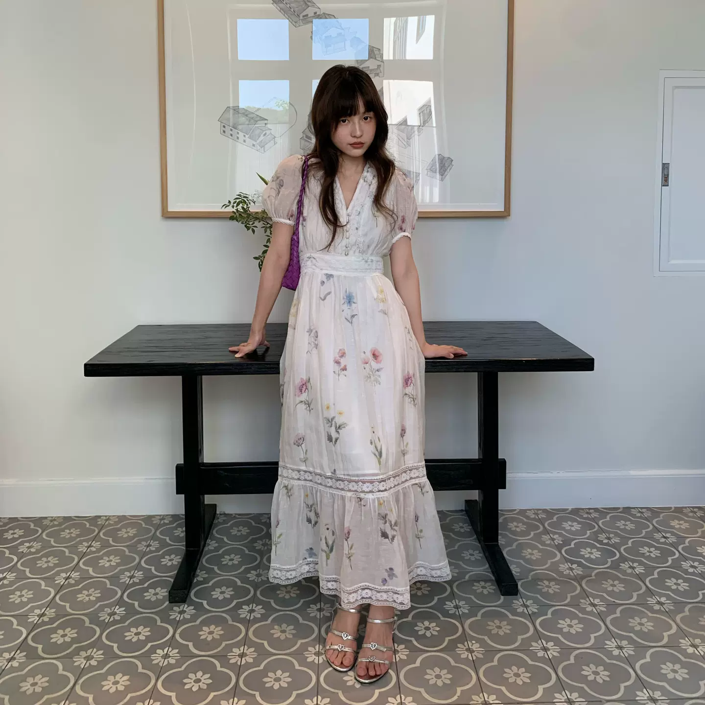 诠释美 NEWOPEN 25夏法式温柔高腰v领碎花棉麻泡泡袖连衣裙S5676