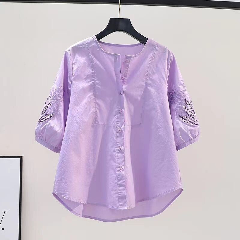 Light Purple Hollow-Out Embroidered Half-Sleeve Pure Cotton Shirt for Women, 2026 Summer Design, Round Neck, Loose Fit Blouse Light Purple Hollow-Out Embroidered Half-Sleeve Pure Cotton Shirt for Women, 2026 Summer Design, Round Neck, Loose Fit Blouse