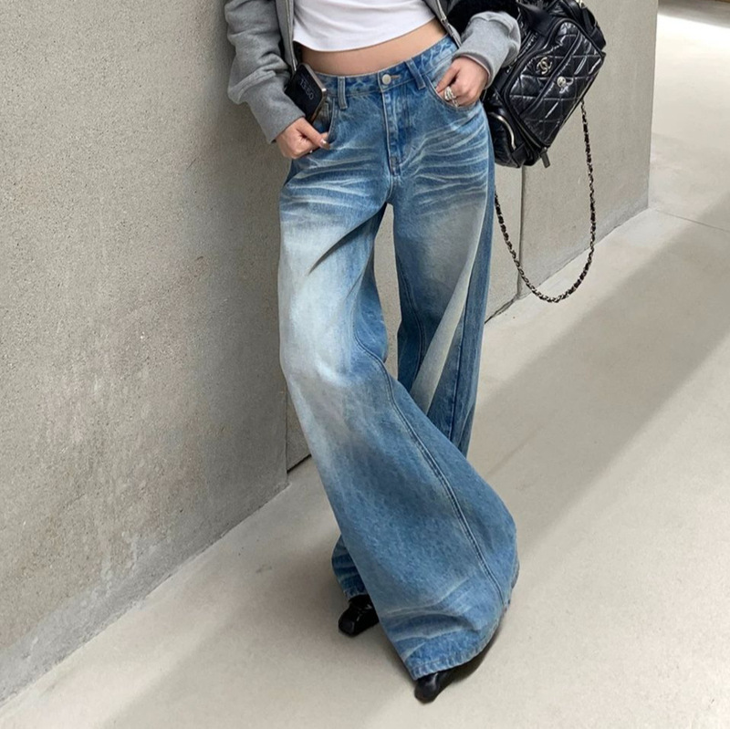 Sunoneoe American-Style Washed Denim Jeans for Women, New Spring and Autumn Floor-Length Loose Straight Wide-Leg Pants