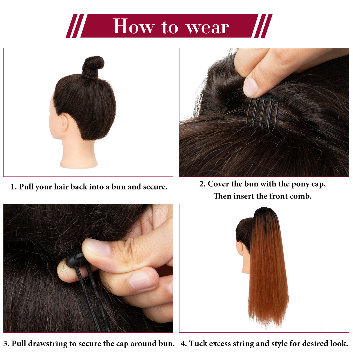 Szintetikus haj hosszú, egyenes hajú nőknek, magasan hosszabbított, húzózsinór stílusú, magas hőmérsékletű selyem műlófarok_voghion.com