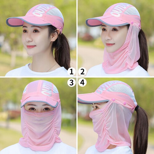 Sunscreen hat for women, summer outdoor quick-drying face mask gauze face covering sun hat, UV protection folding cycling sun hat