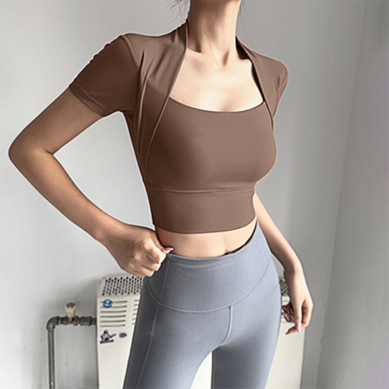 Fake Padded Two-Piece Sports Short-Sleeved Tops for Women, Quick-Drying Tight-Fitting Fitness Clothes, Short Yoga Clothes, Breathable and Quick-Drying