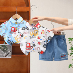 童裝男童套裝夏裝2024新款兒童休閒衣服洋氣卡通襯衣短袖兩件套潮