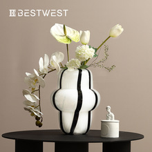 Best west 白底黑条纹斑马纹玻璃水培花器 ins软装家居客厅花瓶