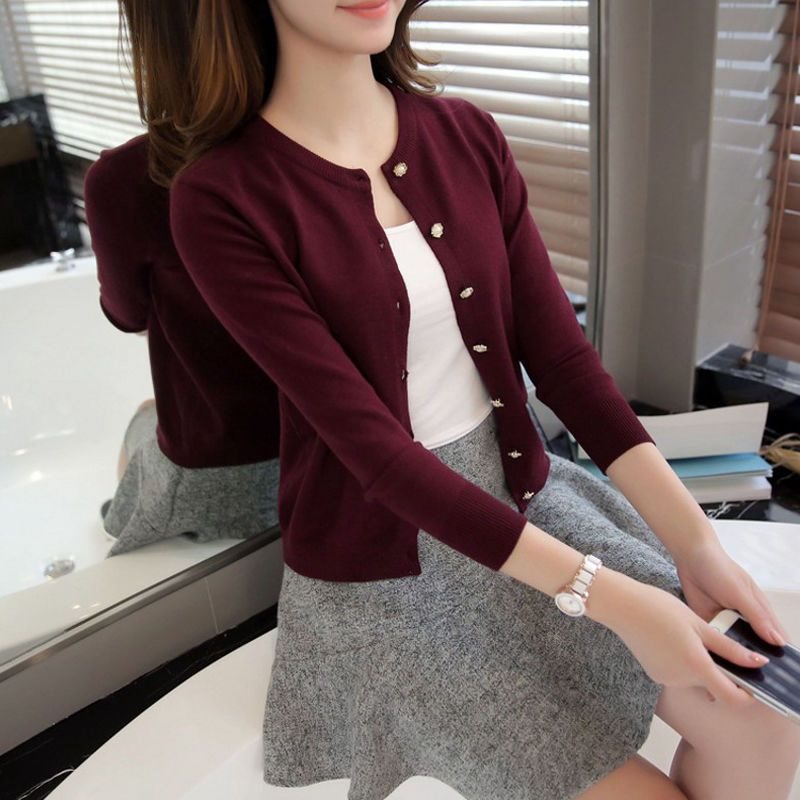 Knitted Cardigan Women's Thin Spring and Autumn Outer Wear Round Neck Slim-fit Air-conditioning Shirt Short Top Solid Color Sweater Small Coat