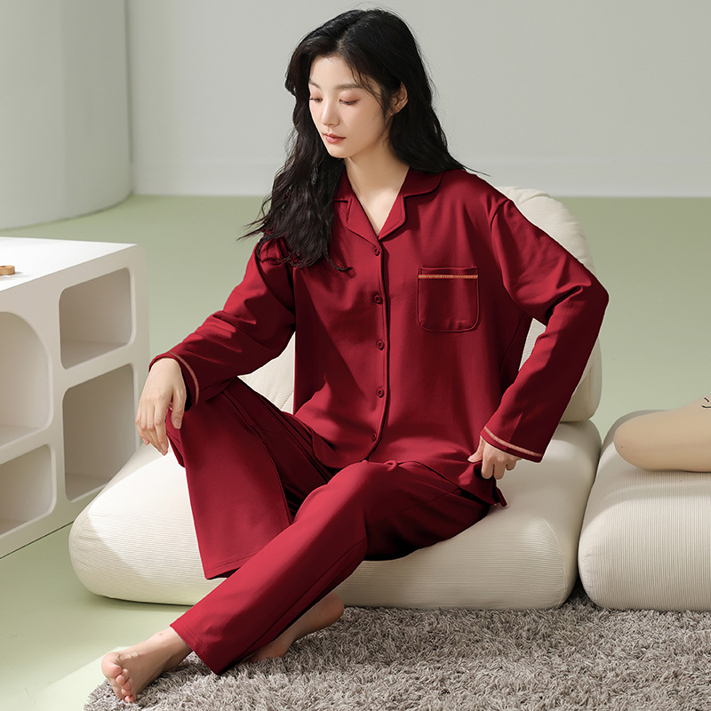 커플 잠옷 홈 순수 코튼 긴 소매 축제 레드 웨딩 조디악 년 간단한 캐주얼 가디건