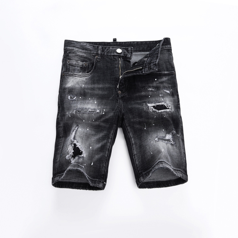 Summer Fashion Retro Men's Denim Shorts Distressed Washed Ripped Embroidered Trendy Brand Stretch Mid-Length Denim Shorts