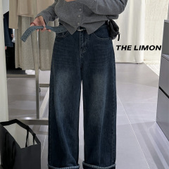 THE LIMON柠檬绿茶卷边阔腿牛仔裤女2025冬季高腰宽松显瘦直筒裤