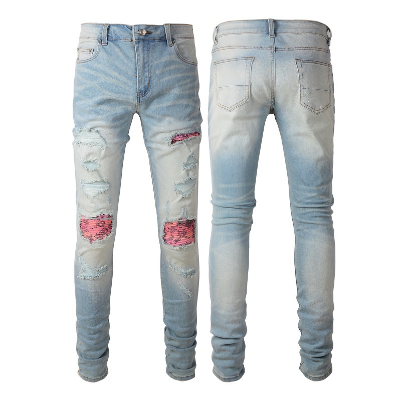Pantaloni da mendicante slim fit con toppa forata colorata e fiore di anacardio di alta qualità da uomo_voghion.com