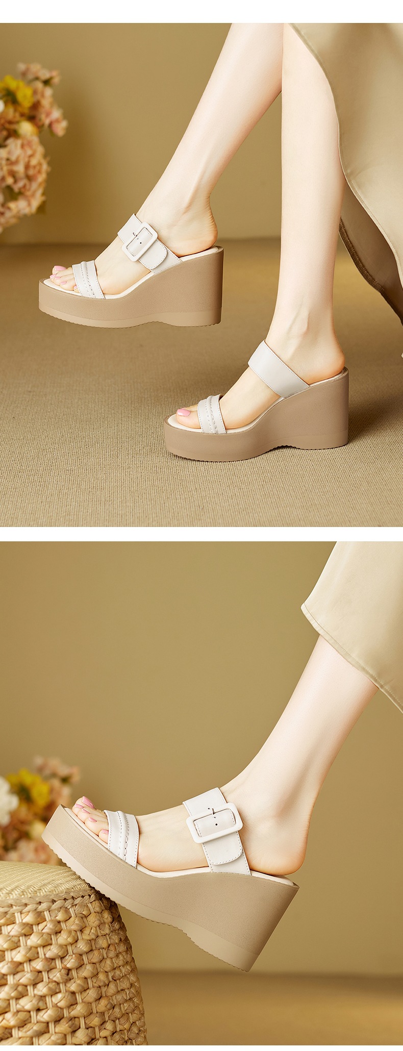 Sandal cao gót nữ hở mũi đế xuồng da bò quai một chữ thắt nút — màu trắng ngà chi tiết 4