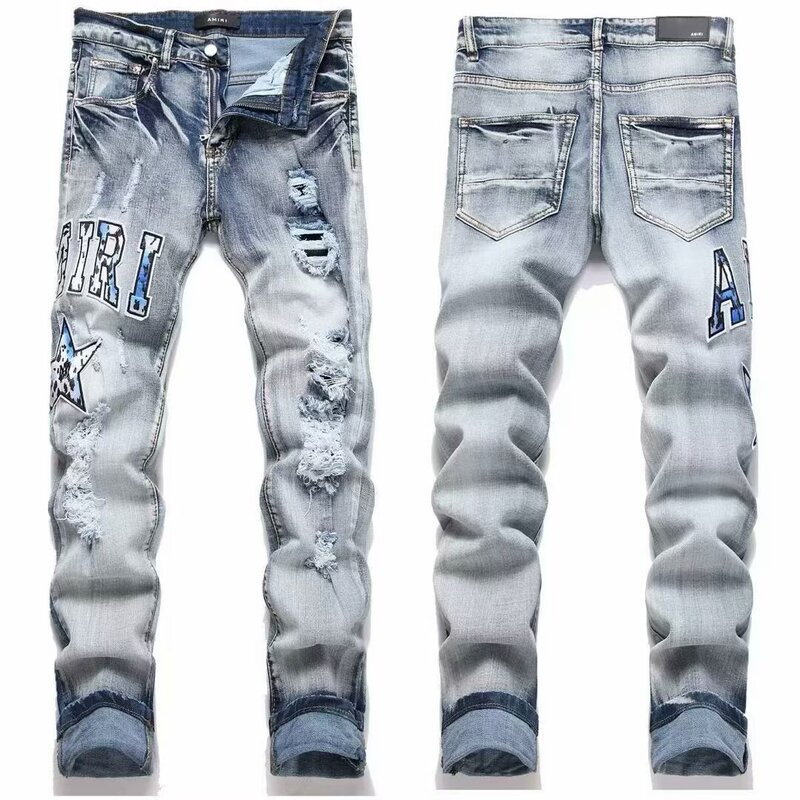 Foreign Trade Cross-Border Hole Embroider Five-Pointed Star Trendyy Stretch Slim Jeans Men's Small Feet Straight Pants Casual Pants Foreign Trade Cross-Border Hole Embroider Five-Pointed Star Trendyy Stretch Slim Jeans Men's Small Feet Straight Pants Casual Pants