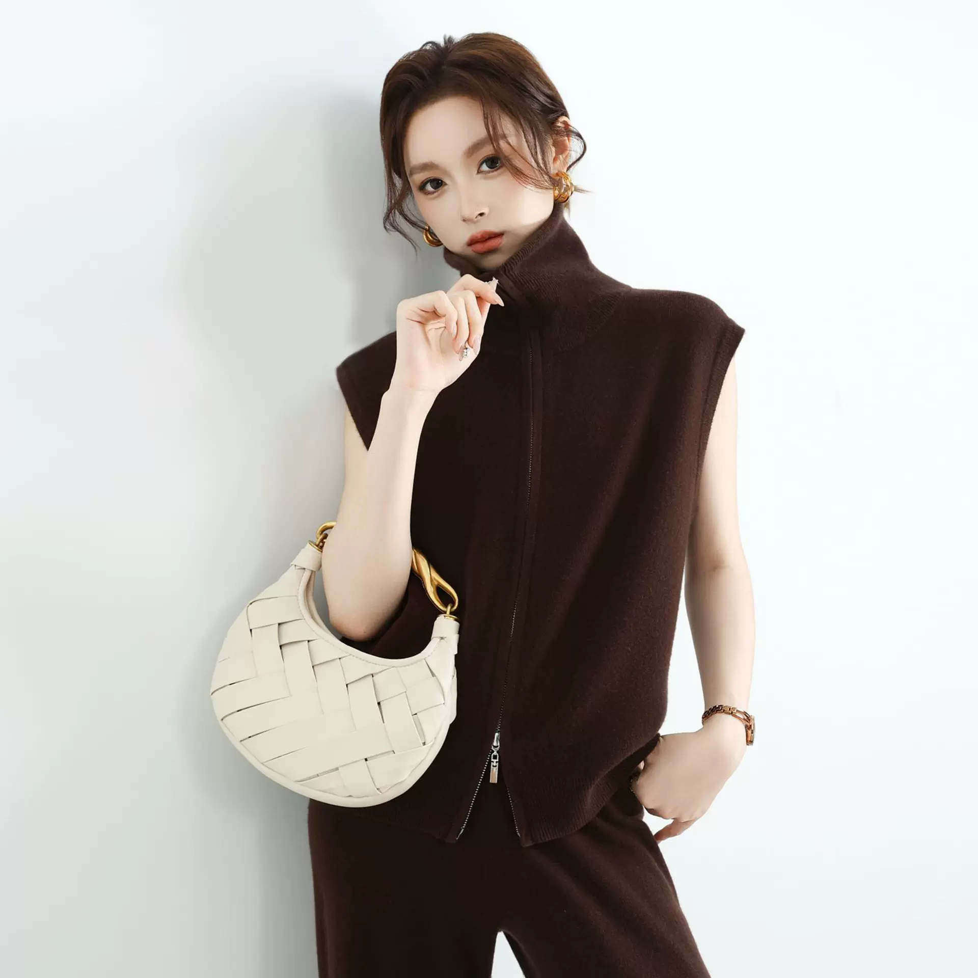 高领拉链针织开衫100%羊毛背心女25秋冬新款宽松无袖马甲毛衣坎肩