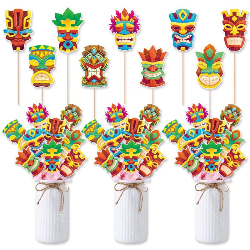 Jarrón de decoración de fiesta hawaiana transfronteriza con tarjeta de decoración de jarrón de máscara primitiva de fiesta de playa de verano