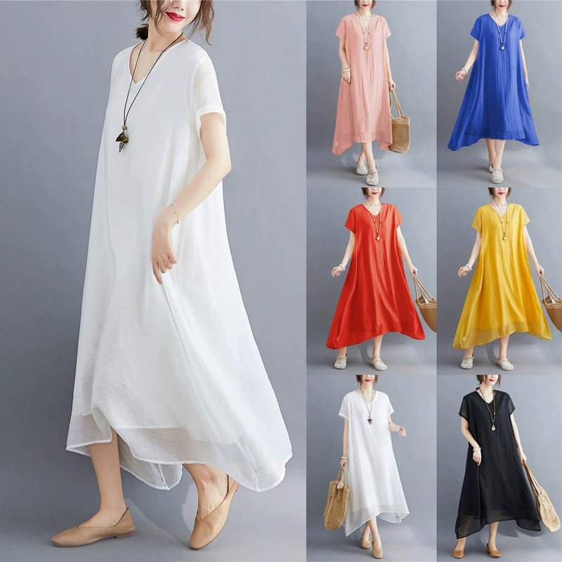 Реальный снимок готового летнего платья 2024 года с V-образным вырезом, имитация шелка, однотонное, в китайском стиле, многоцветное, для женщин