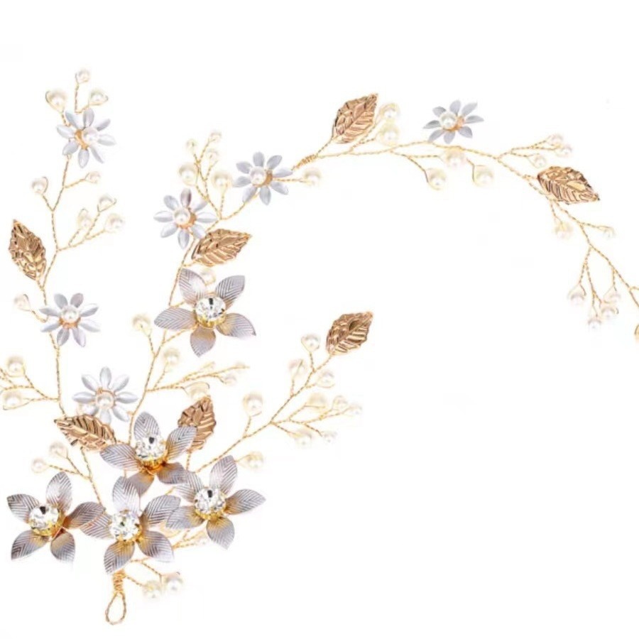 Cross-border exclusive Korean bridal hair accessories Pearl Flower alloy leaf hair band headdress birthday party dress hair accessories