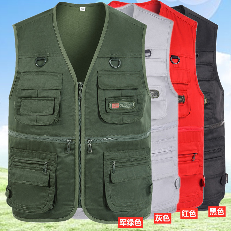 Primavera y otoño Four Seasons chaleco Chaleco de los hombres de mediana edad y ancianos papá al por mayor de los hombres multi-Bolsillo de ocio al aire libre Ejército Verde