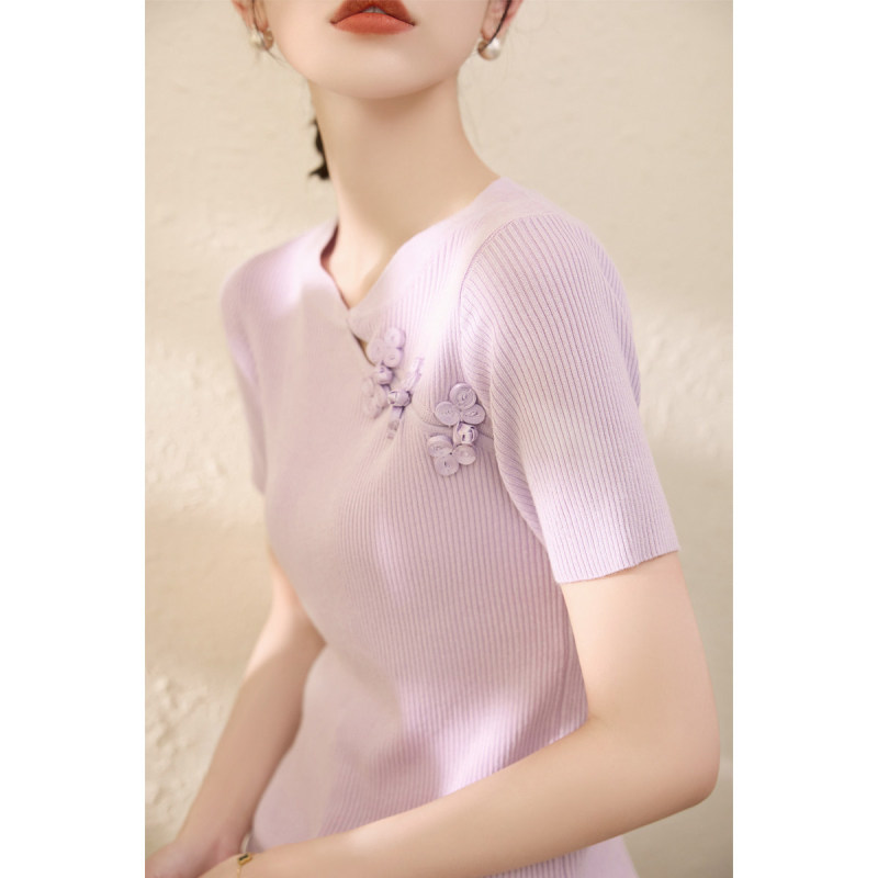 New Chinese-Style National Style Buttoned V-Neck Short-Sleeve Ice Silk Knit T-Shirt for Women, Slim Fit, Regular Shoulder, Lyocell Tencel Thin Top
