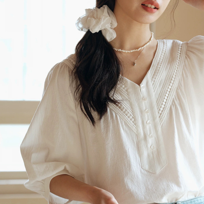 Mixboa French Lace Splicing Shirt Women's Spring and Summer Short-Sleeved Loose Design Niche Chic White Top