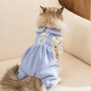Cats in autumn and winter thick warm hairless cat lapel beautiful small flower four-legged cotton-padded teddy bear pet clothes