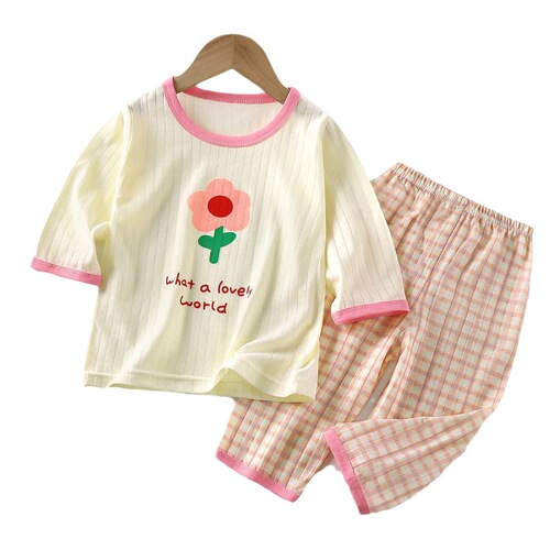 2024 spring new children's pajamas thin baby home clothes boys and girls three-quarter sleeve cartoon air-conditioned clothes suit