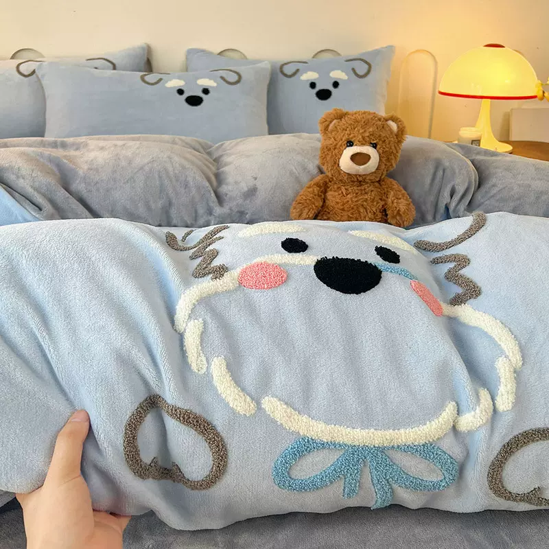 卡通高克重牛奶绒四件套秋冬床品双面绒被套床单宿舍床三件套