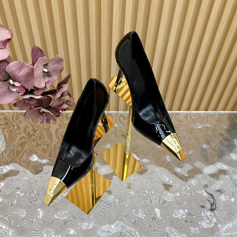 Ys Metal Square Toe Stiletto High Heels Women's Shoes 2024 Autumn/Winter Closed-Toe Sandals Black Single Shoes Color Block Design Glossy Surface
