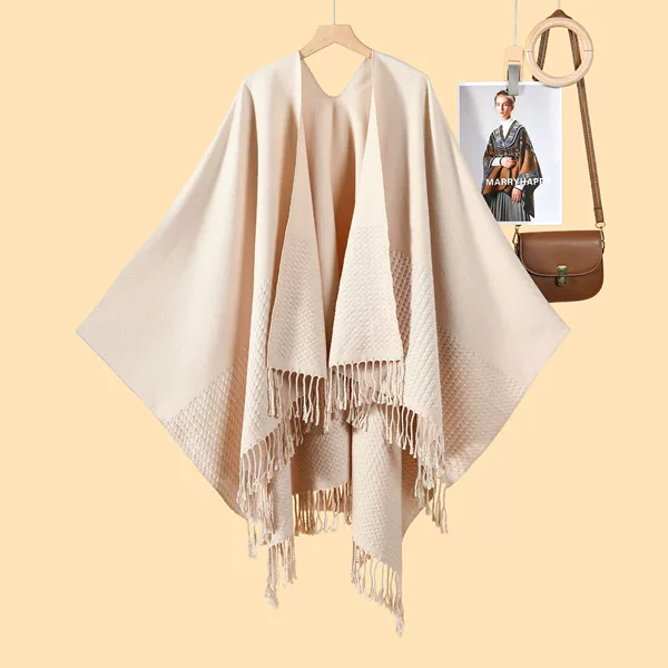 New Monochrome Tassel Slit Shawl Double-Sided Stereo Wave Jacquard Warm Imitation Cashmere Scarf Cape Cardigan for Women