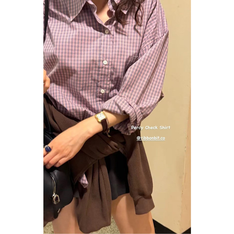 In-Stock Korean 2025 Autumn New Strawberry Raw Chocolate Retro Color-Blocking Loose Plaid Shirt Top for Women