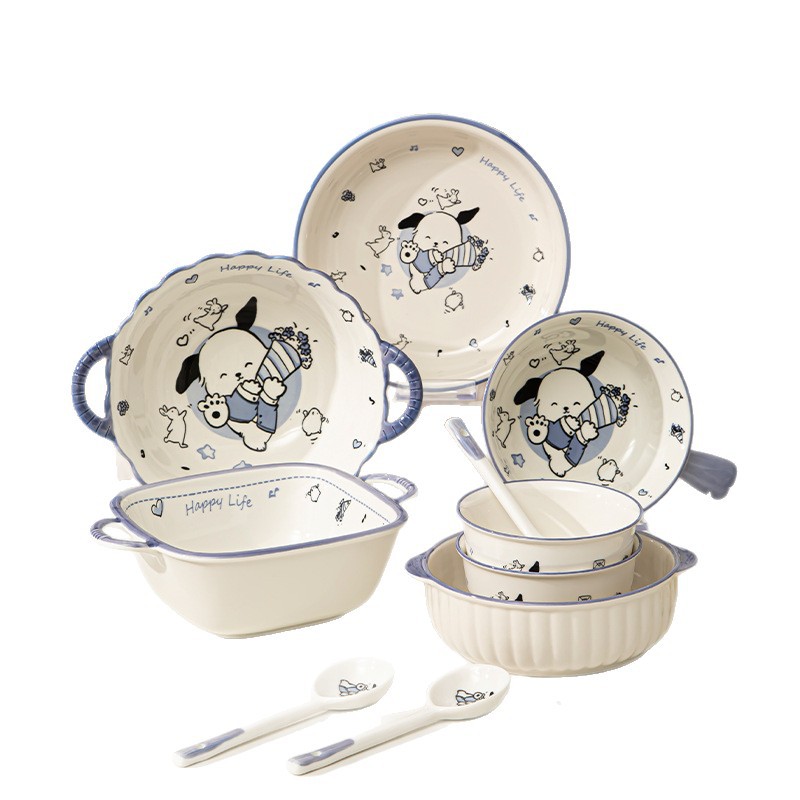 Cuencos y platos de cerámica personalizados con diseño de dibujos animados y alto nivel estético, con color bajo esmalte, bonitos cuencos para arroz, cuencos para sopa, vajilla y platos de cerámica transfronterizos.