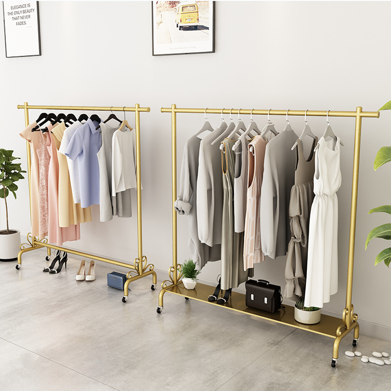 Light Luxury Bedroom Clothes Rack Clothing Store Display Pipe Floor-Standing Internet Celebrity Live Sale Clothes Rack Mobile with Wheels