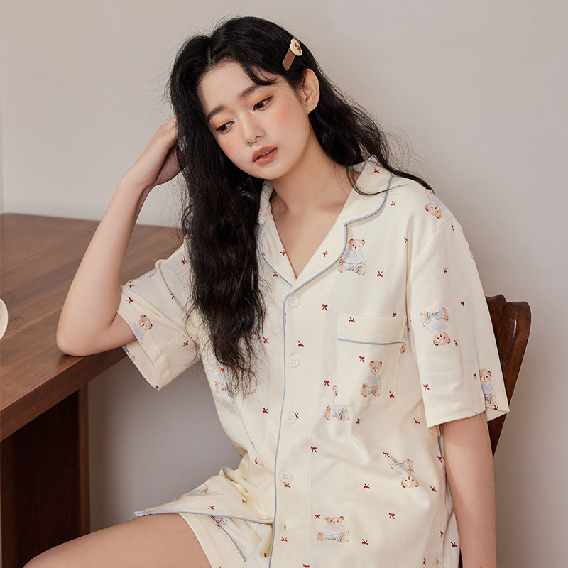 Class A Anti-bacterial Anti-mite Washable Giant Soft Cotton Pajamas Women's Spring and Summer New Cute Bear Cotton Home Clothes Set