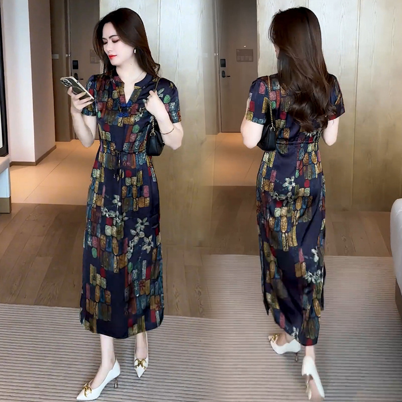 Elegant Floral dress Women's 2024 Summer New Design Sense Middle-aged Mother's Fashionable Stitching Long Skirt Trendy