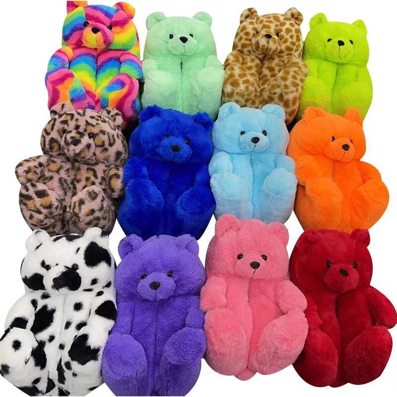 Teddy Bear Slipper Cartoon Teddy Bear Slippers Winter Plush Thickeneded Fur Slippers Fur Slides