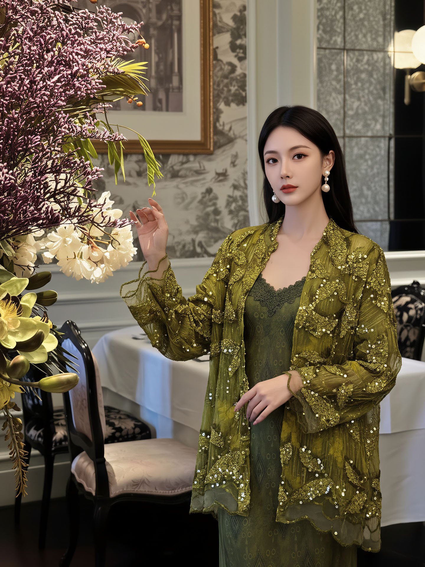 Bộ áo kiểu tân cổ điển phối váy yếm ren hoa thêu — Bộ【Áo vàng xanh + Váy yếm màu matcha】, Áo vàng xanh, Váy yếm màu matcha, Váy yếm đen cao cấp