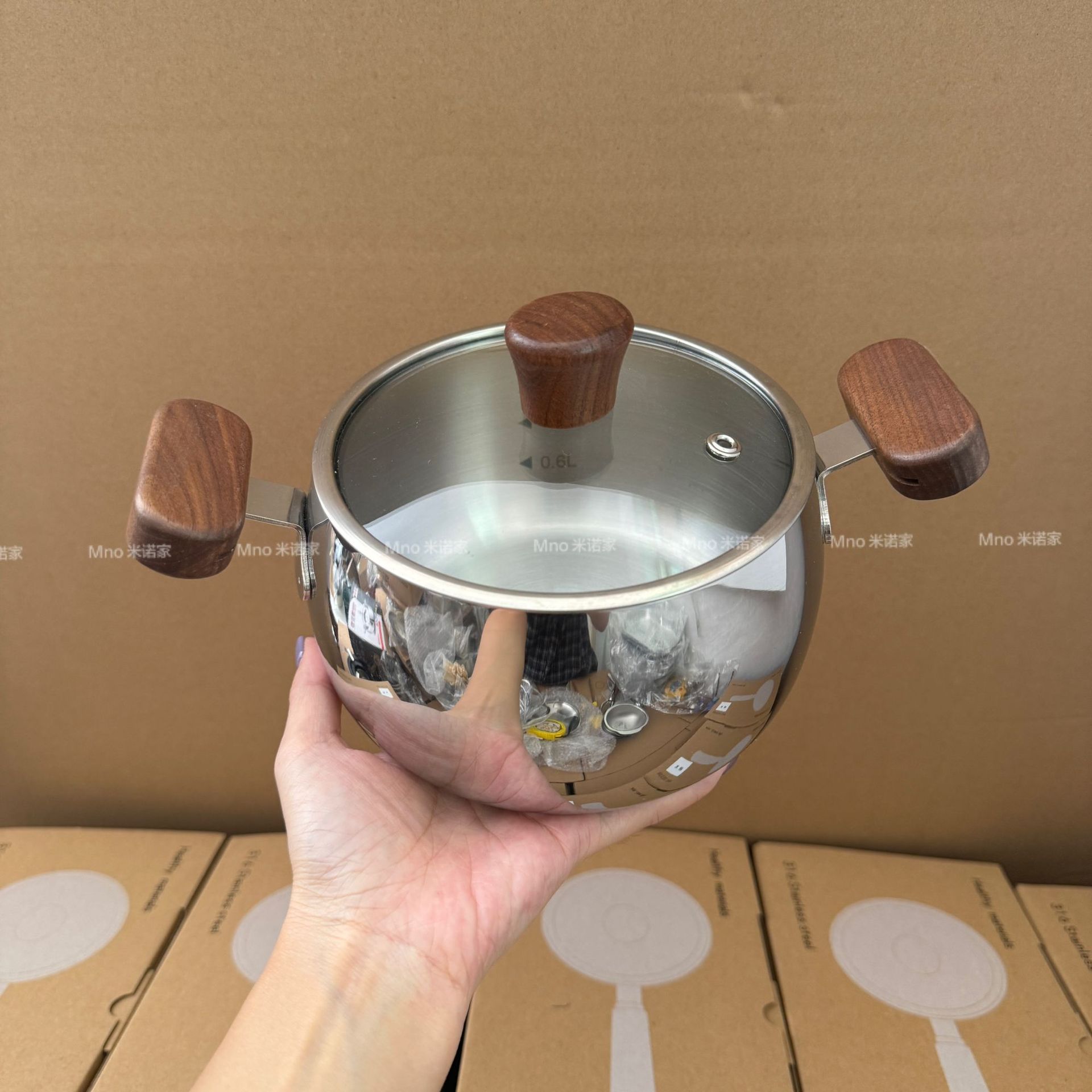 Mino Home 316 Stainless Steel Food Grade Thick Walnut Double Handle Small Milk Pot Baby Food Supplementary Pot