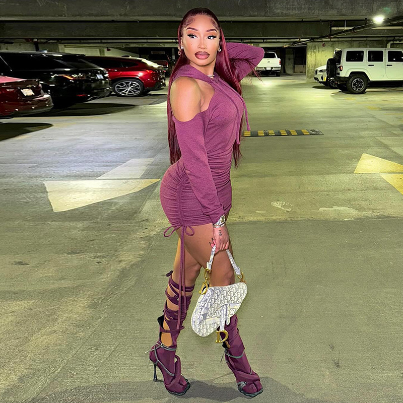 Autumn Solid Color Slim off the Shoulder Drawstring Dress Women